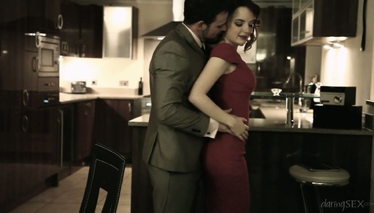 Sensual babe in red dress Lola Gatsby is fucked right in the kitchen porn pics