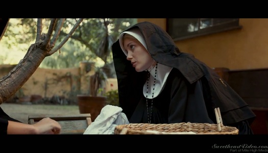 Sinfully beautiful babe Charlotte Stokely gets intimate with two sex-starved nuns porn pics