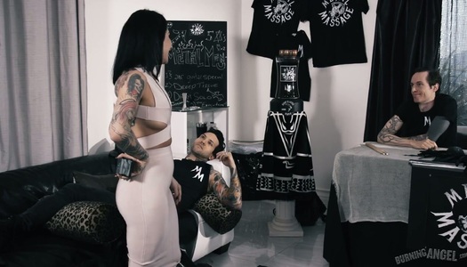 Stunning tattooed hooker Joanna Angel rides a dick reverse and face to face porn pics