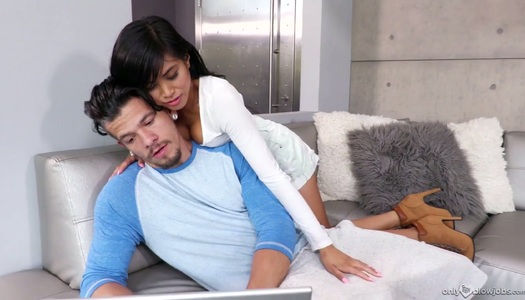 Adorable Asian babe Ember Snow licks and sucks a huge dick porn pics