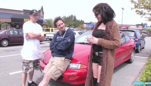 Young brunette Roxie is picked up and fucked by two hot blooded dudes porn pics