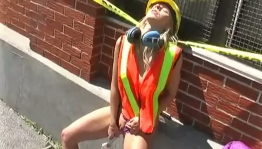 Crazy chick in helmet Candy Kiss is masturbating her snatch in public porn pics