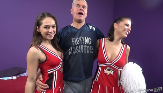 Two nasty cheerleaders Adriana Chechik and her Gf are fucked and jizzed by one dude porn pics