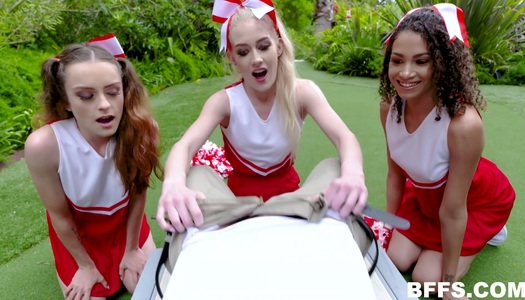 One dude fucks three playful cheerleaders and cum on their pretty faces porn pics