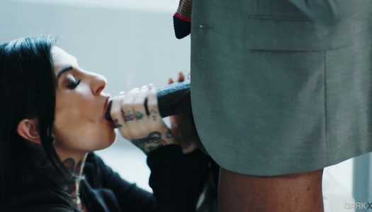 Tattooed white chick Joanna Angel swallows huge black dick before anal sex porn pics