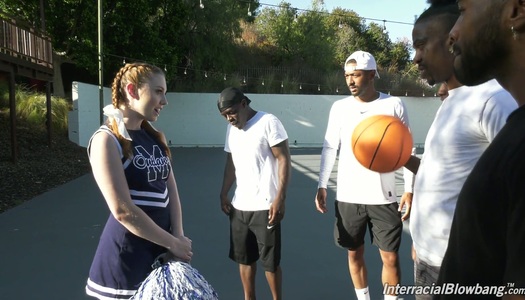 Black basketball team fucks deep throat of white cheerleader Arietta Adams porn pics