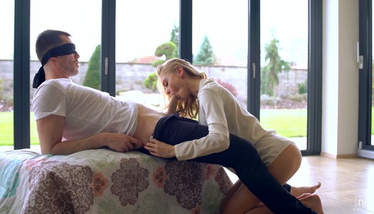 Sweet looking babe Nancy A gives a wonderful blowjob to her blind folded boyfriend porn pics