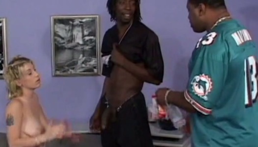 Hussy blonde Kat Langer working hard with two black dongs porn pics