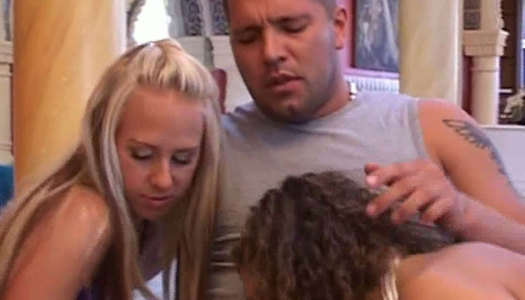 Teens Carla and curly Juliette swallow from 2 cocks porn pics