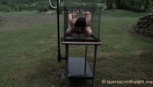 Juliette March is outside in the cage getting sprayed with cold water porn pics