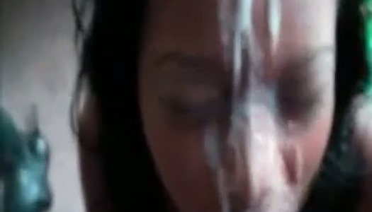 Ebony slut getting abundance of cum on her lustful face porn pics