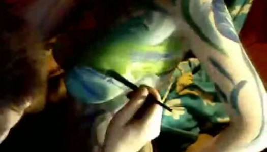 Bosomy girlfriend gets her body covered with beautiful arts porn pics