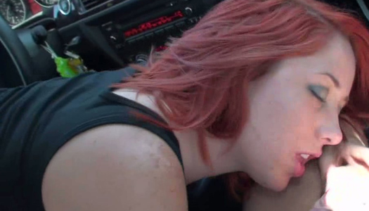 Horny busty redhead blows cock and rides on top in boyfriends car porn pics