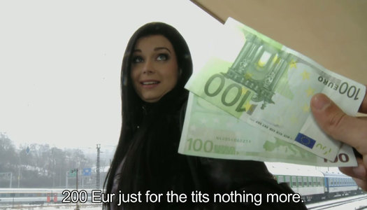 Horn-mad brunette Victoria Blaze is ready to show her tits for 200 EUR porn pics