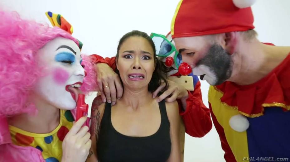 Three crazy clowns fuck sex-appeal tattooed hottie Dana Vespoli.